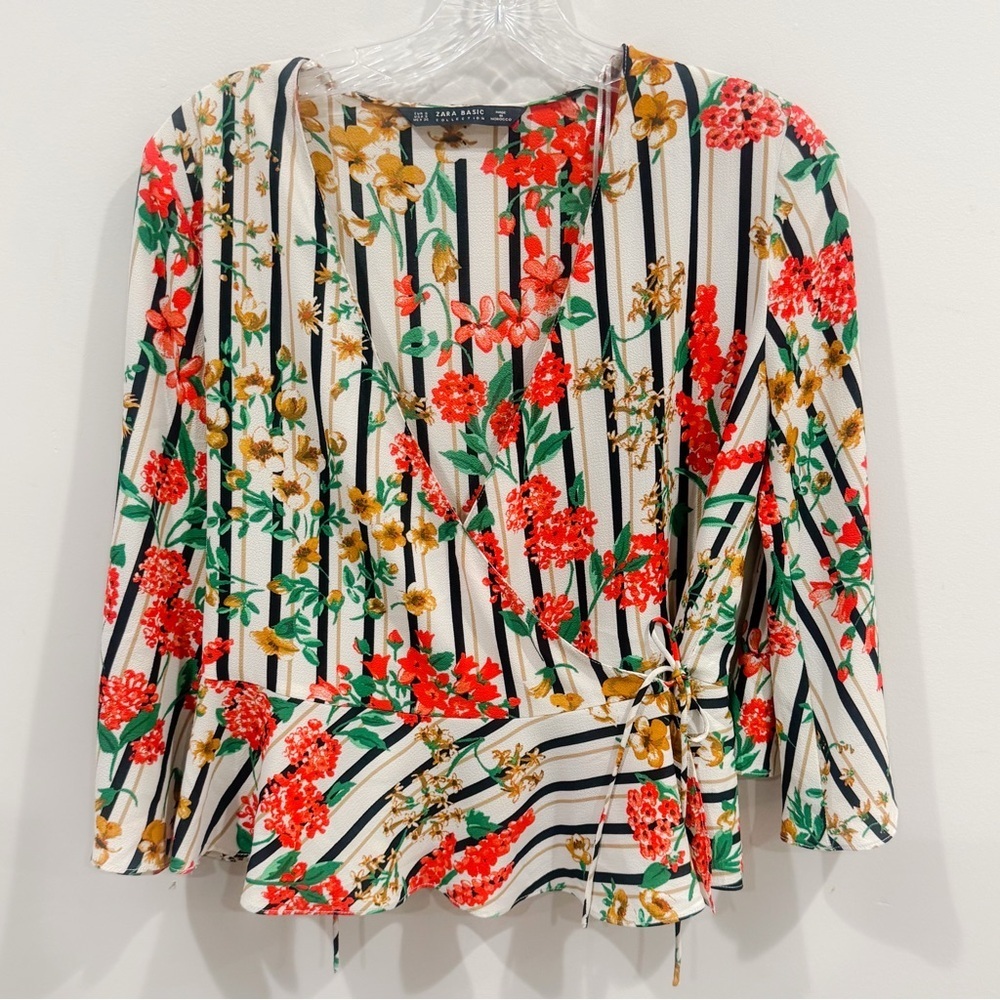 Zara Basic Floral Chiffon Wrap Top - image 3